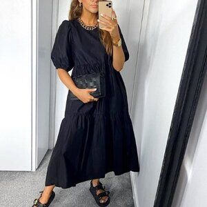 Zara Poplin Tiered Puff Sleeve Midi Dress Black Size XS